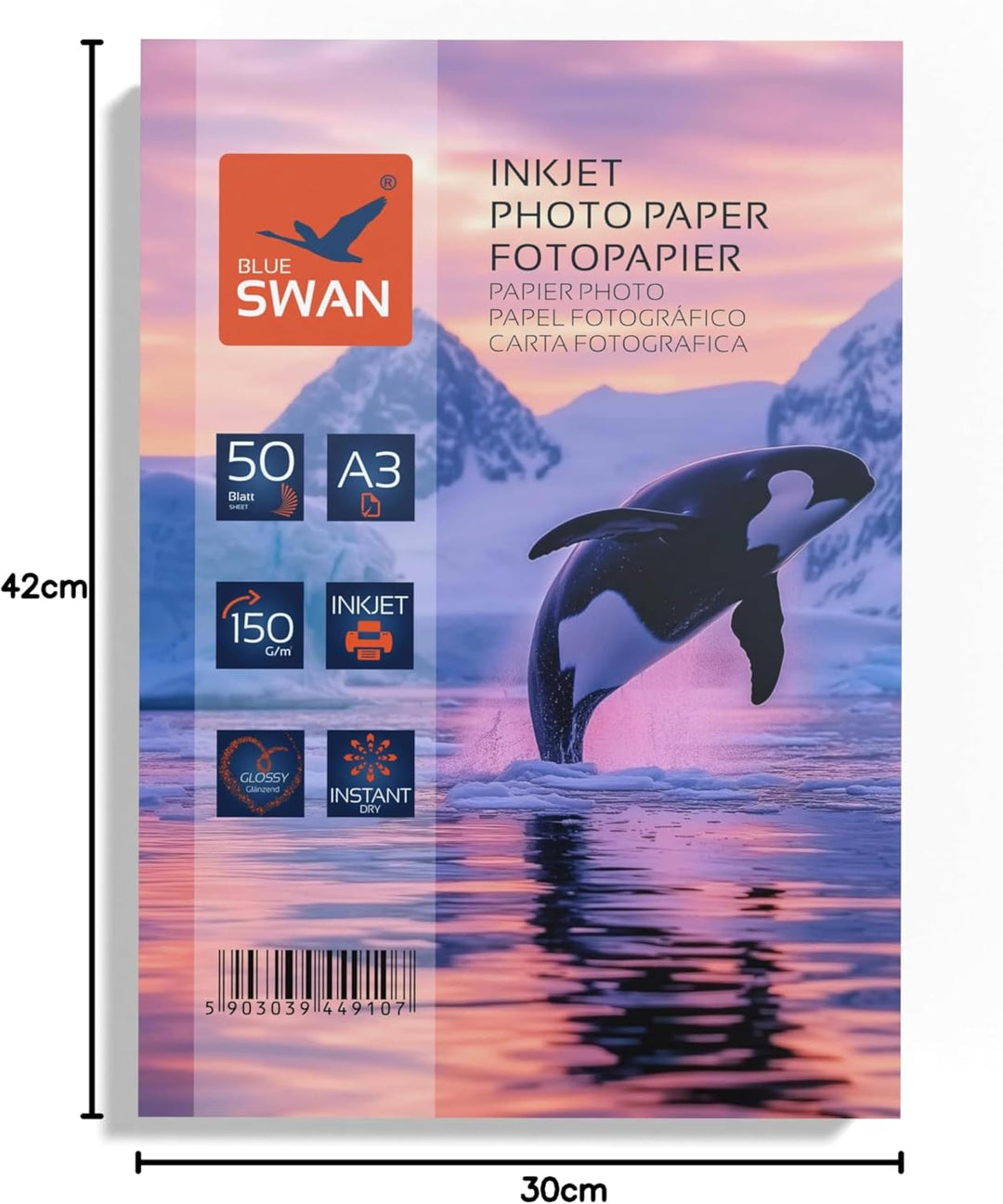 BLUE SWAN Fotopapier A3, 150 g/m², 50 Blatt – Hochglänzend, spritzwasserabweisend, einseitig beschic