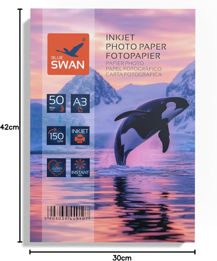 BLUE SWAN Fotopapier A3, 150 g/m², 50 Blatt – Hochglänzend, spritzwasserabweisend, einseitig beschic