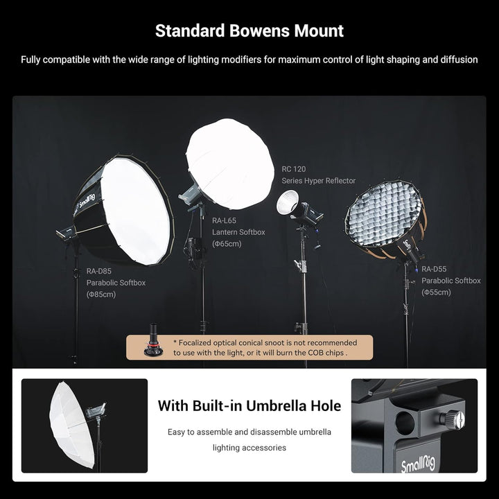 SMALLRIG 120W COB Video Light, 62600 Lux Continuous Output Light mit 9 Lichteffekten, CRI 95+ Bowens
