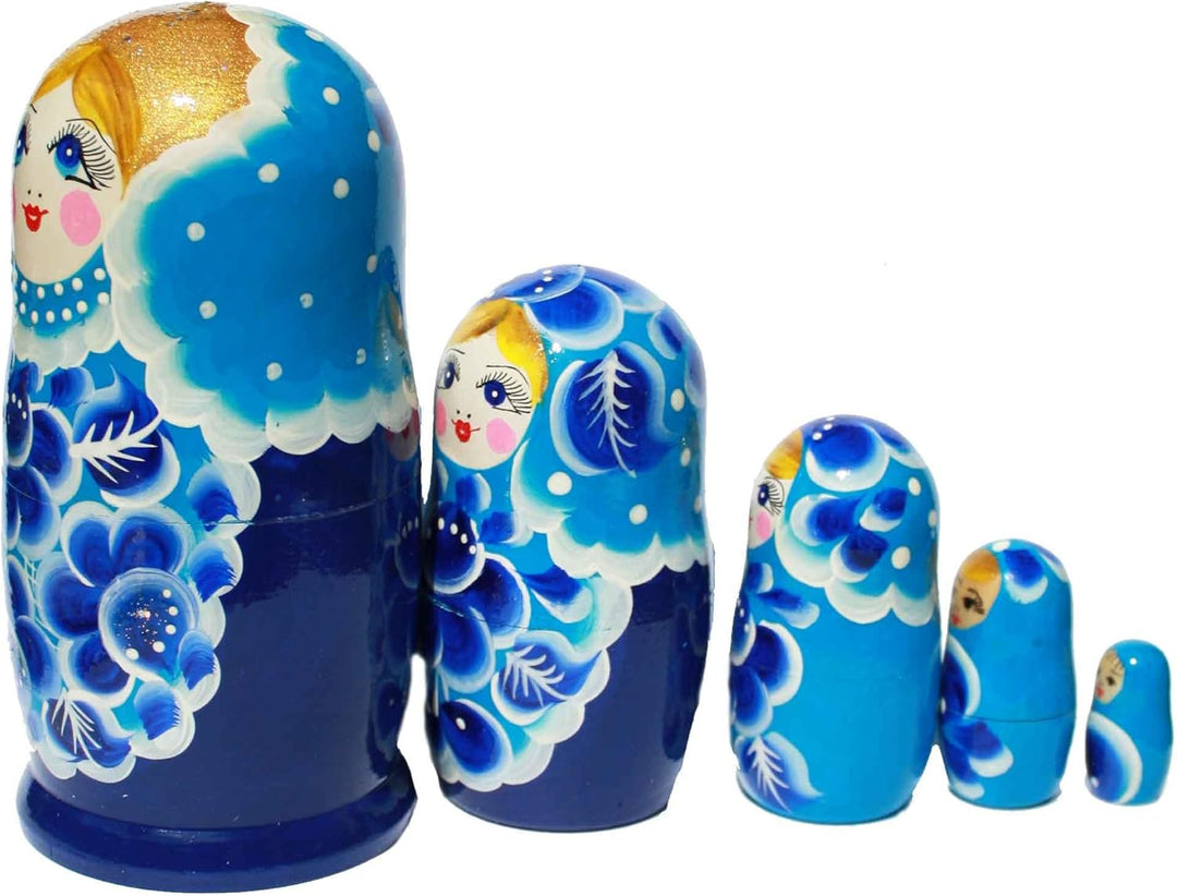 Semenovskay Rospis Matroschka Babuschka Matrjoschka russische Holzpuppen handbemalt Set 5 Puppen Blu