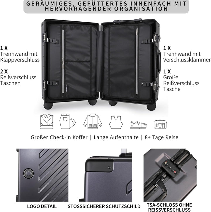 JLY Koffer gross 28 Zoll aus Polycarbonat, 4 Doppelrollen, Anthrazit | Ohne Reissverschluss, 2 TSA-S