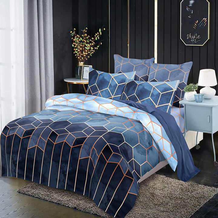 Freyamy Bettwäsche 200x200cm 3 Teilig Blau Kariert Marmor Wendebettwäsche Geometrische Modern Microf