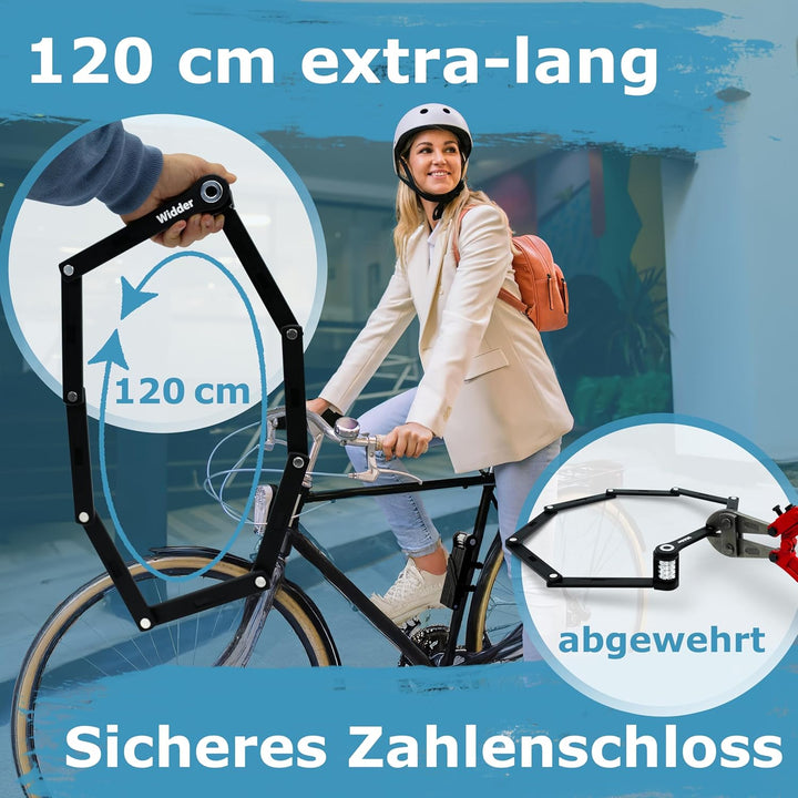 WIDDER 120cm Extrem Sicheres Fahrradschloss Zahlenschloss [Titan-Stahl Level 15] - 120 cm Faltschlos