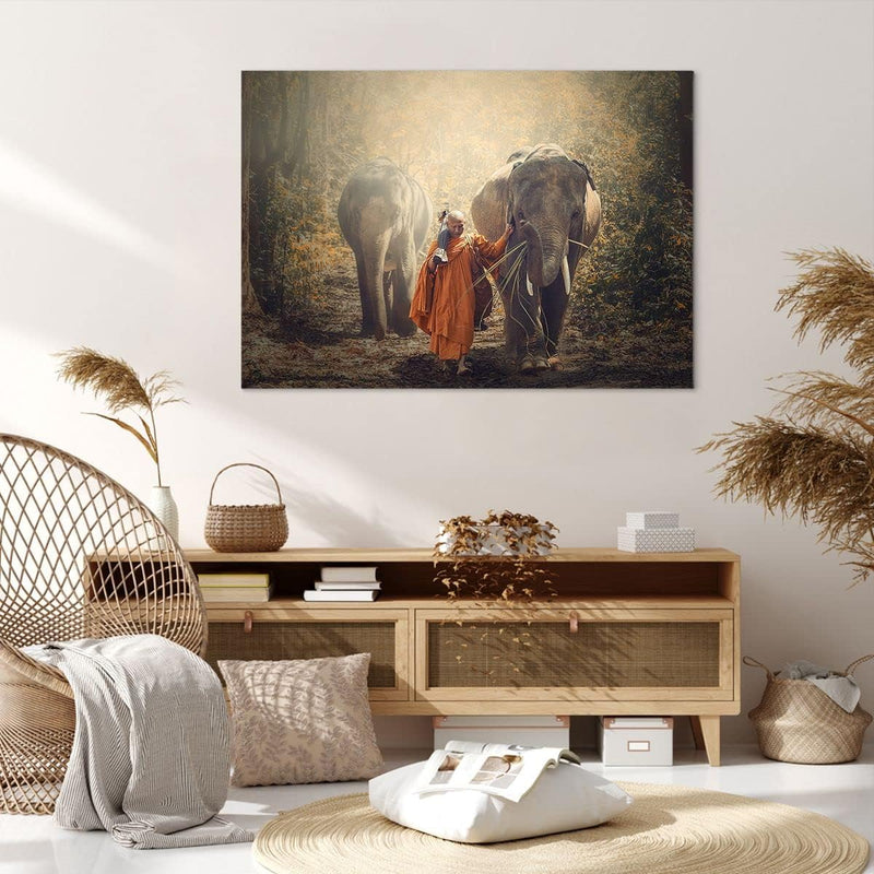 Bilder auf Leinwand 100x70cm Leinwandbild Elefant Mönch Dschungel Gross Wanddeko Bild Schlafzimmer K