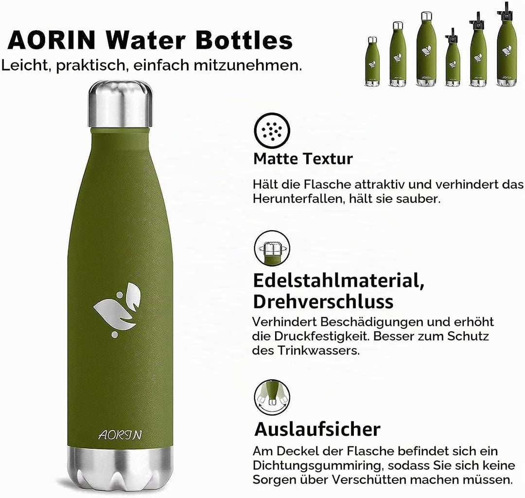 AORIN Vakuum-Isolierte Trinkflasche - 350ml/500ml/750ml - Wasserflasche BPA-Frei,24 H Kühlen &amp; 12 H