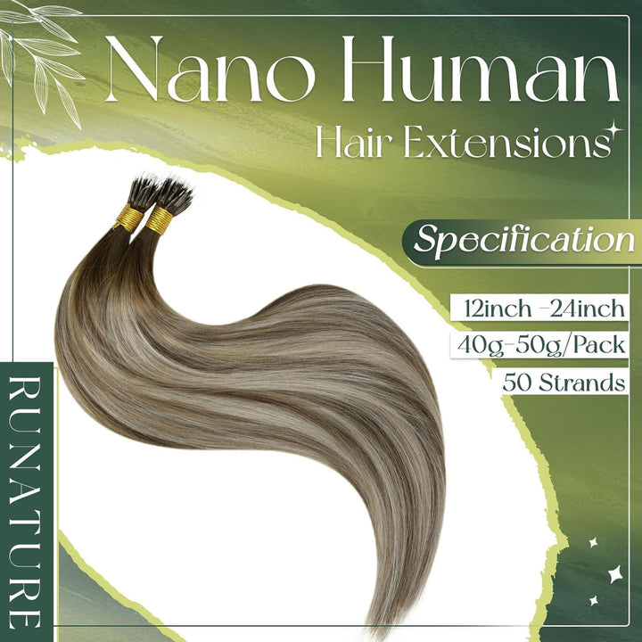 RUNATURE Nano Extensions Echthaar Balayage Braun Blond Kurz 30cm 40g 50s Remy Nanoring Extensinos Ec