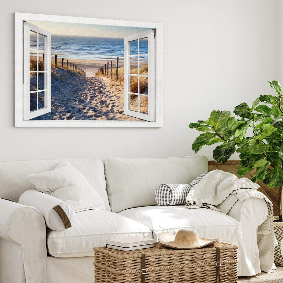 PICANOVA – Bild auf Leinwand Weg zum Meer Fenster 100x75cm – Leinwandbild – Premium Leinwanddruck –