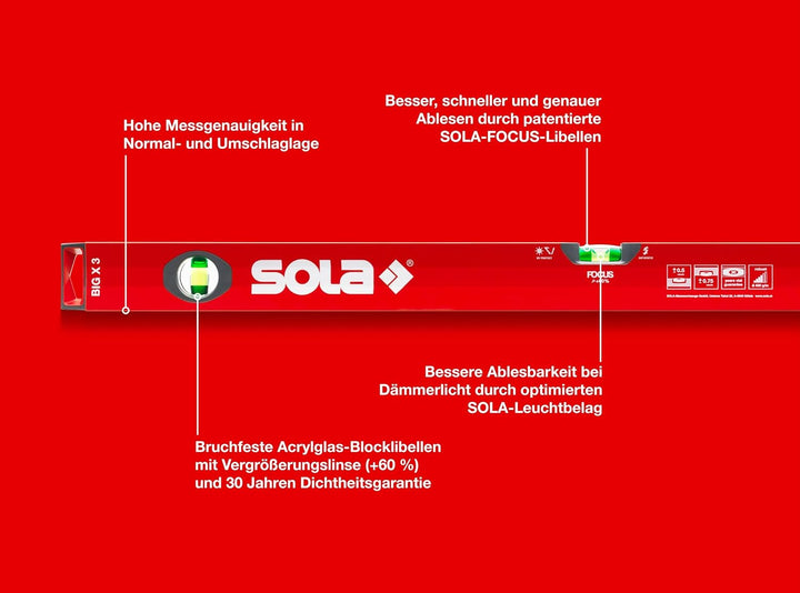 SOLA - BIGX3 Wasserwaage 1,20m, Rot 1200 mm, 1200 mm