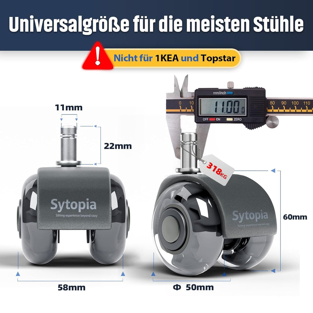 Sytopia Universal Bürostuhlrollen, 5er Set Bürostuhl Rollen 11x22MM, Perfekte Leise Gummirollen für