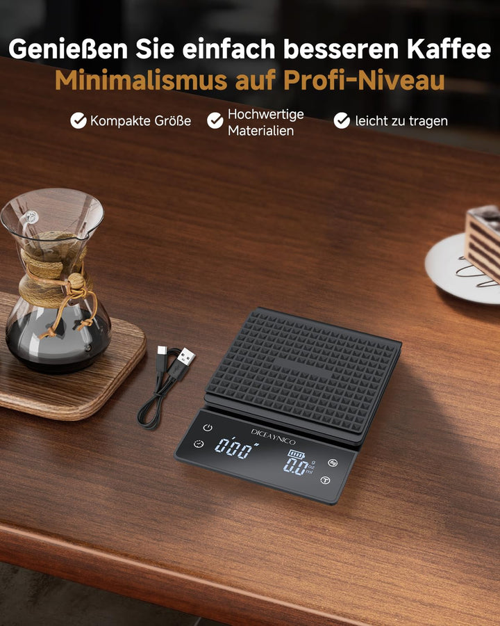 Digitale Kaffeewaage mit Timer, 3 kg/0,1 g | Timer und Countdown, wiederaufladbare Espresso-Waage mi
