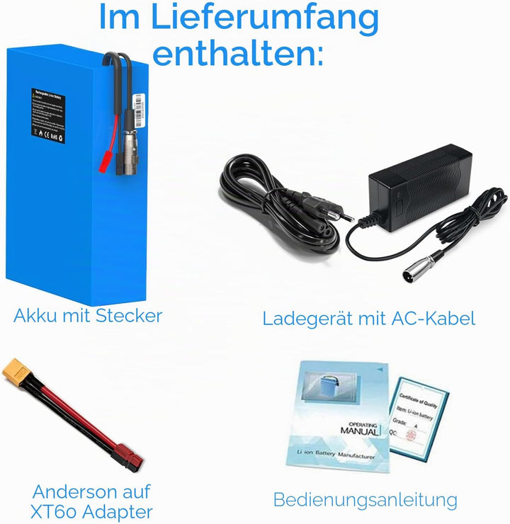 Yasco 48V 20Ah Elektro Fahrrad Akku 1800W Lithium Batterie mit Ladegerät, 50A BMS Schutz PVC Battery