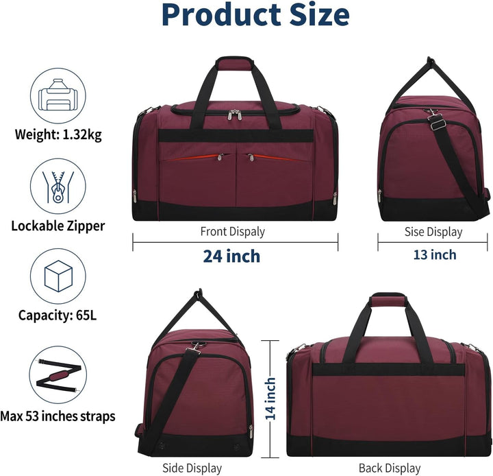 65L Sporttasche Herren Gross - 24 inch Grosse Reisetasche Duffle Bag mit Hartem Boden und Schuhfach