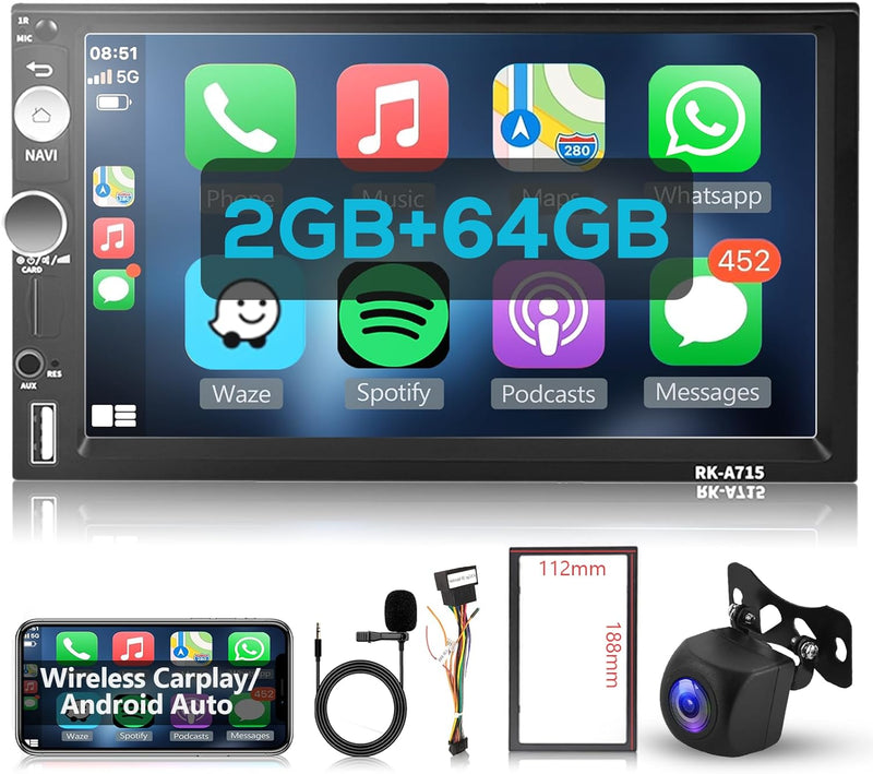 Hodozzy 2 Din Autoradio Navi 2GB 32GB Android 11 mit Wireless Carplay, Android Auto, 7 Zoll Touchscr