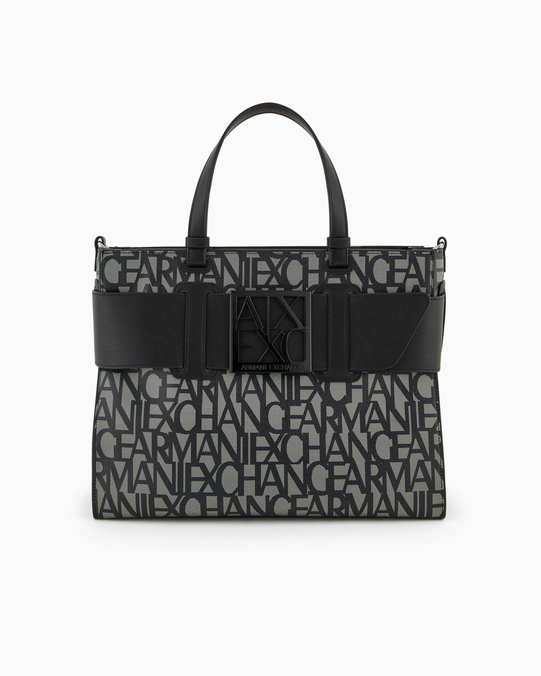 Armani Exchange Women's Large Logo Placket Satchel Bag Big Tote, Beige/Black