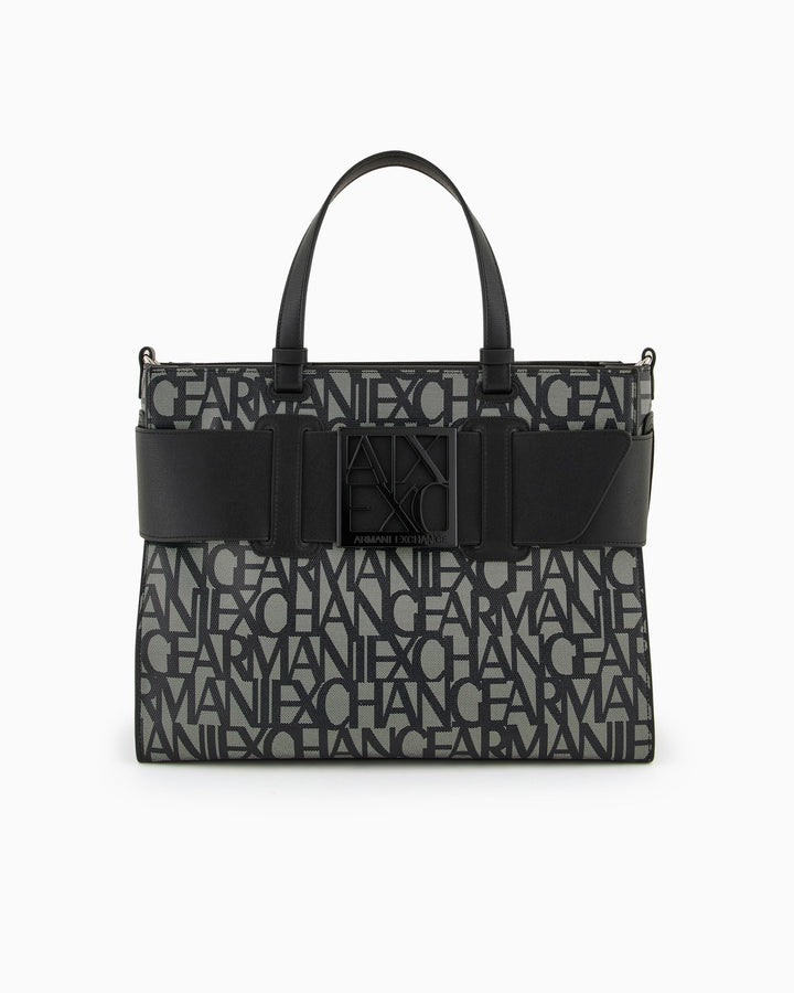 Armani Exchange Women's Large Logo Placket Satchel Bag Big Tote, Beige/Black