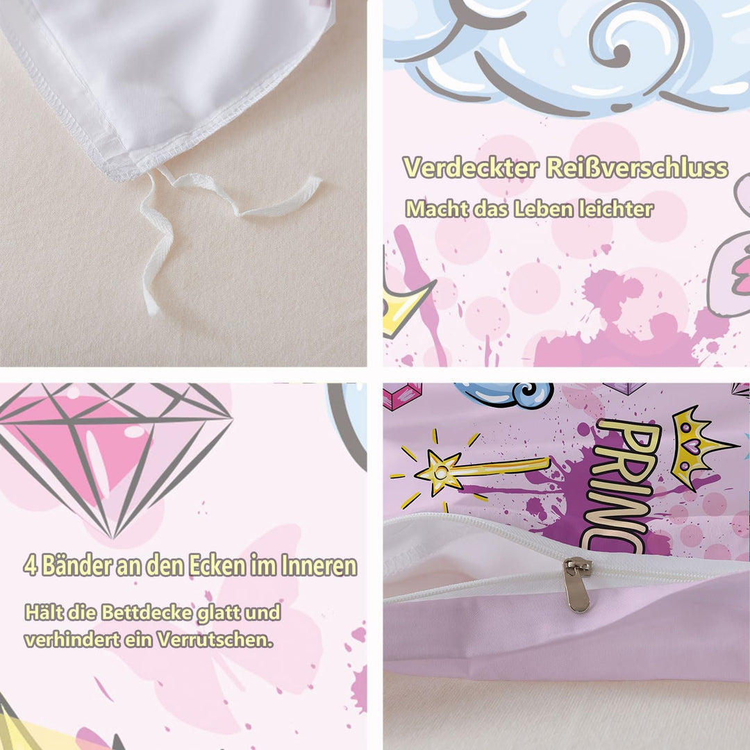 DJDEA Rosa Burg Bettwäsche 135 x 200 cm Kinder Weich Mikrofaser, Burg Motiv Bettwäsche-Sets mit Reis