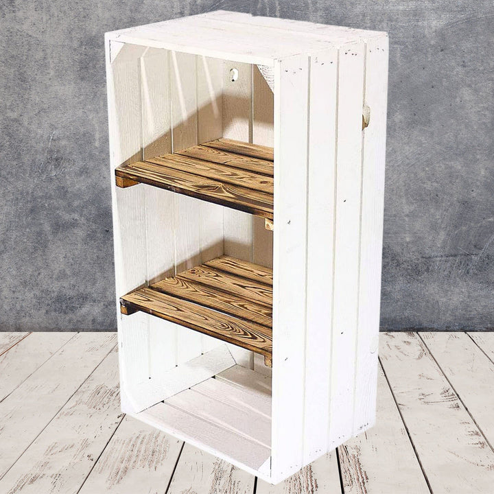 Weisse Holzkiste mit 2 geflammten Mittelbrettern 68cm x 40cm x 31cm Zwischenbretter flambiert Obstki