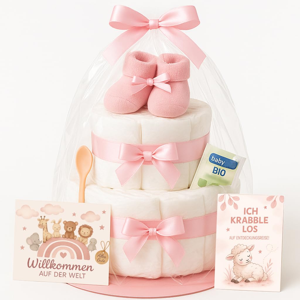 Windeltorte 2 stöckig in Rosa mit Babysocken für Mädchen, Pinkelparty Geschenke zur Geburt, Taufe od
