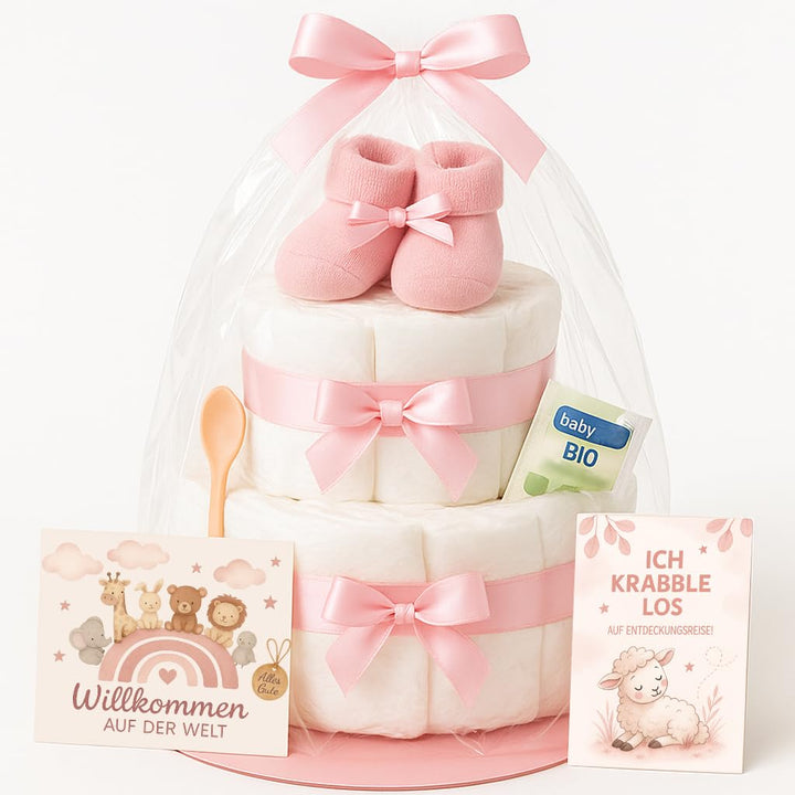 Windeltorte 2 stöckig in Rosa mit Babysocken für Mädchen, Pinkelparty Geschenke zur Geburt, Taufe od
