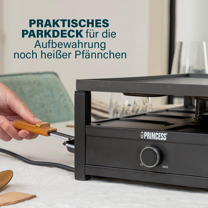 Princess Raclette Black Steel – 8 Personen Parkdeck für Pfännchen grosse Kochfläche 44 x 25 cm regel