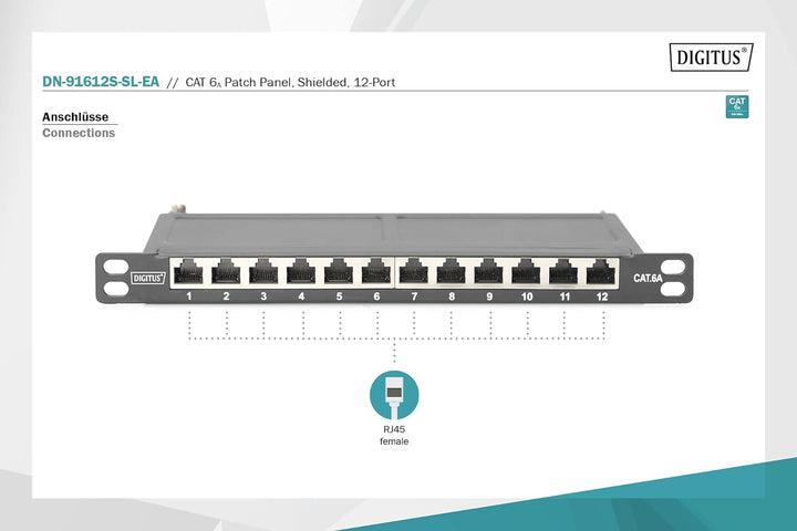 DIGITUS Cat-6A Patchpanel - 12 Ports - RJ45-Buchsen - 10-Zoll Rack-Mount 0.5HE - LSA Verteilerfeld -