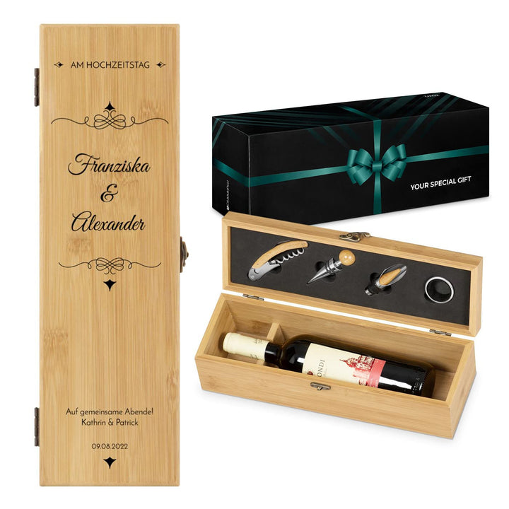 Maverton Weinbox für 0,7L Weinflasche - Wein Holzbox personalisiert + 4er Weinzubehör - Weinset Wein