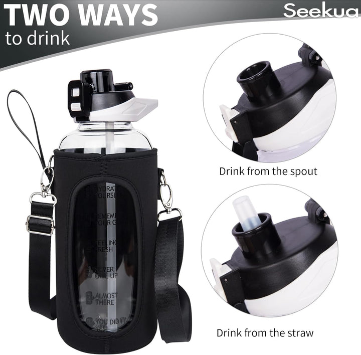 Seekua 2l Sport Trinkflasche Glas Flasche mit Strohhalm & Zeitmarkierung auslaufsicher bpa frei 2 li