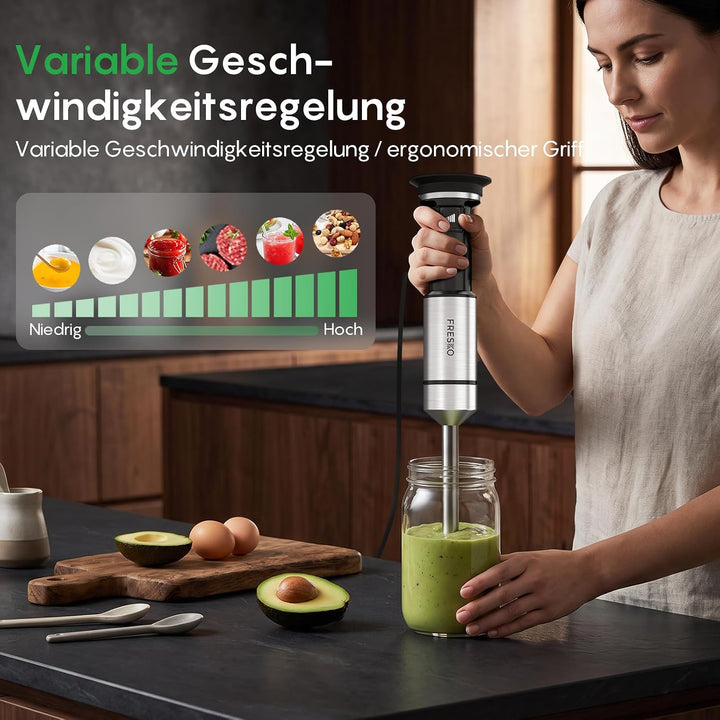 FRESKO Stabmixer 1000W, Stufenlos Regulierbare Geschwindigkeiten, Pürierstab aus Edelstahl mit Schut
