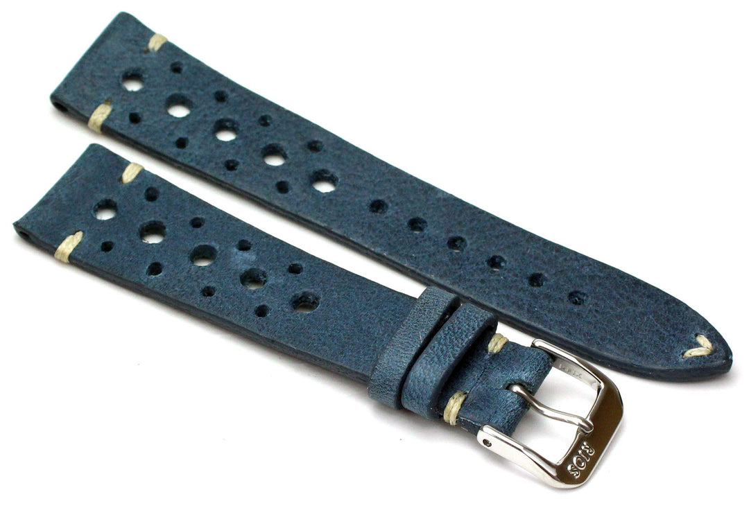RIOS1931 Rallye Vintage Rindsleder Uhrenarmband handgemacht in Deutschland blau