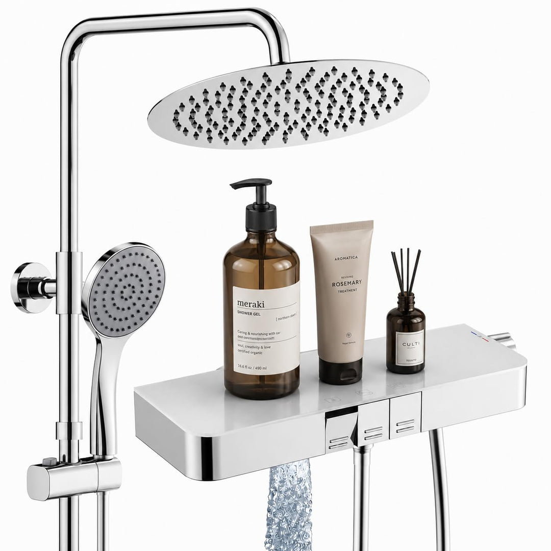 HOMELODY Duschsystem mit Thermostat und Glasablage, Duscharmatur Komplettset mit 30cm Kopfbrause, Hö
