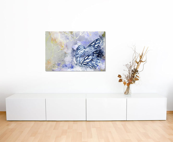 Paul Sinus Art Bild Leinwand 120x80cm Eleganter Schmetterling in Blautönen mit Kalligraphie, 120x80c