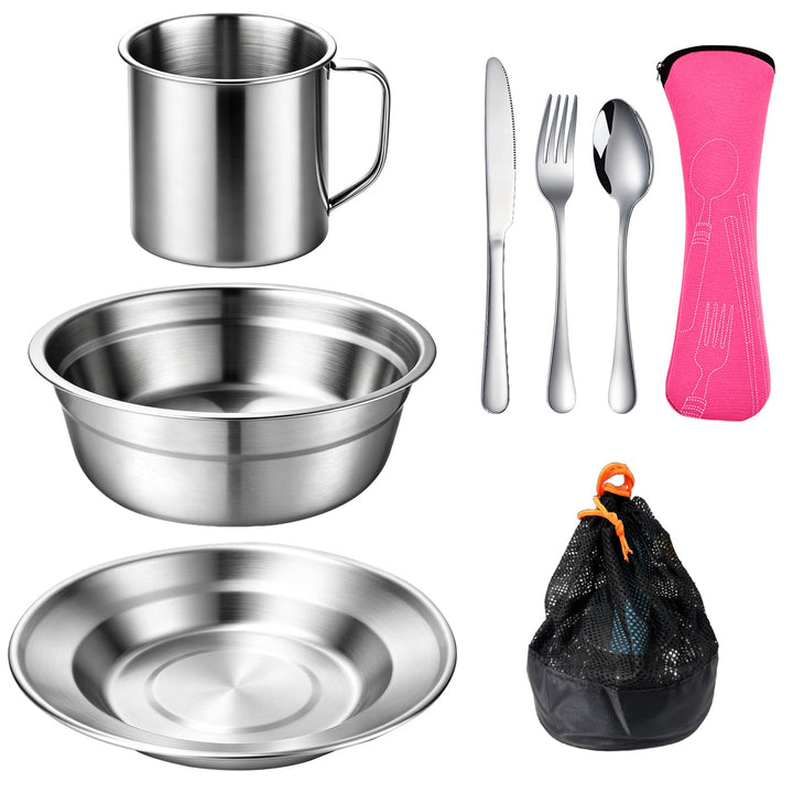 Campingbesteck Set 1 Person, Camping Geschirr Set Edelstahl mit Schalen Teller Tassen Gabeln Löffel