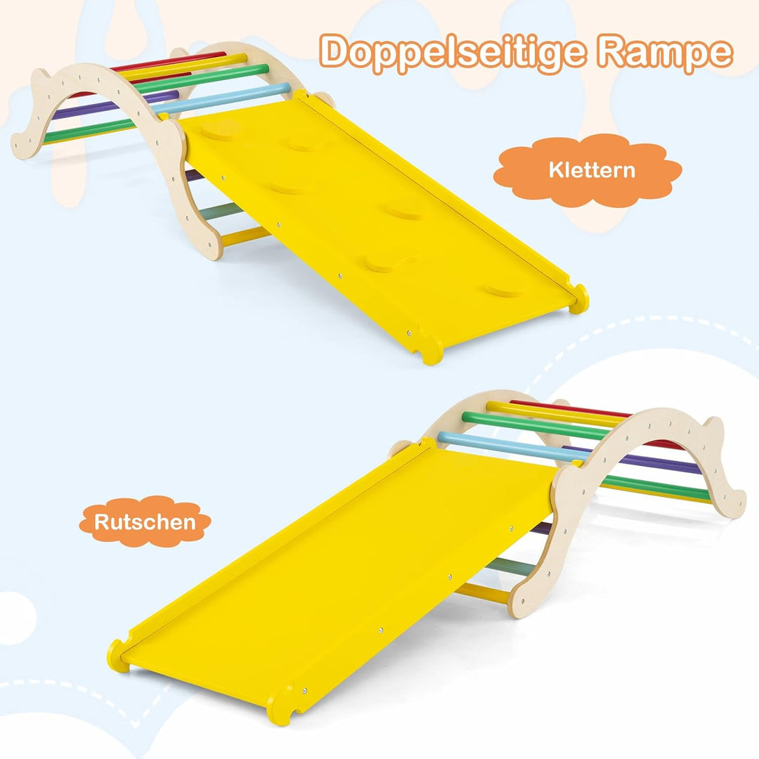 COSTWAY Kletterbogen mit Kissen, Kletterdreieck mit Rutsche Holz, 3 in 1 Klettergerüst Indoor zum Ru