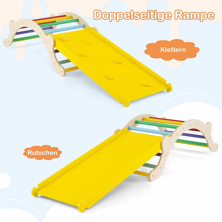 COSTWAY Kletterbogen mit Kissen, Kletterdreieck mit Rutsche Holz, 3 in 1 Klettergerüst Indoor zum Ru