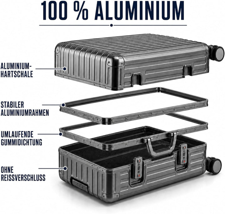 Travelhouse 100% Aluminium Koffer Reisegepäck Tokyo, mit TSA und 4 Rollen, Vol. S-41.5L + XL-110L Gr