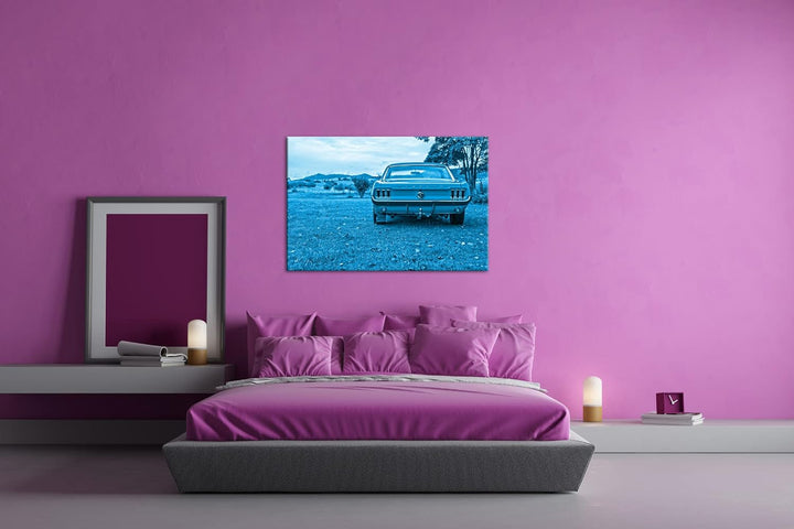 deyoli alter Mustang Format 80x60 Effekt: Monocrome Blau als Leinwandbild, Motiv fertig gerahmt auf