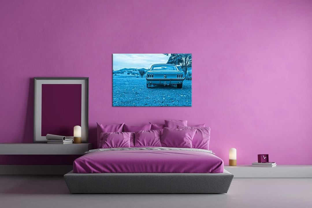 deyoli alter Mustang Format 100x70 Effekt: Monocrome Blau als Leinwandbild, Motiv fertig gerahmt auf