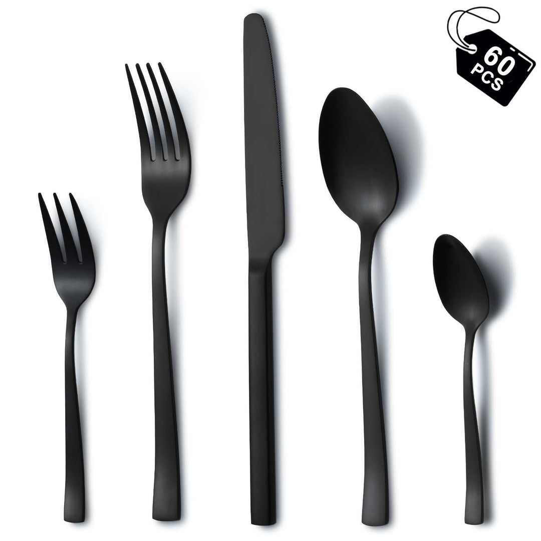 Besteck Set 12 personen, Hunnycook 60-teilig Besteck Schwarz mit Gabeln Löffel Messer, Edelstahl Sch