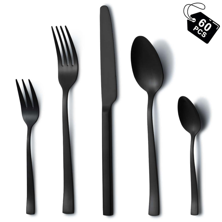 Besteck Set 12 personen, Hunnycook 60-teilig Besteck Schwarz mit Gabeln Löffel Messer, Edelstahl Sch