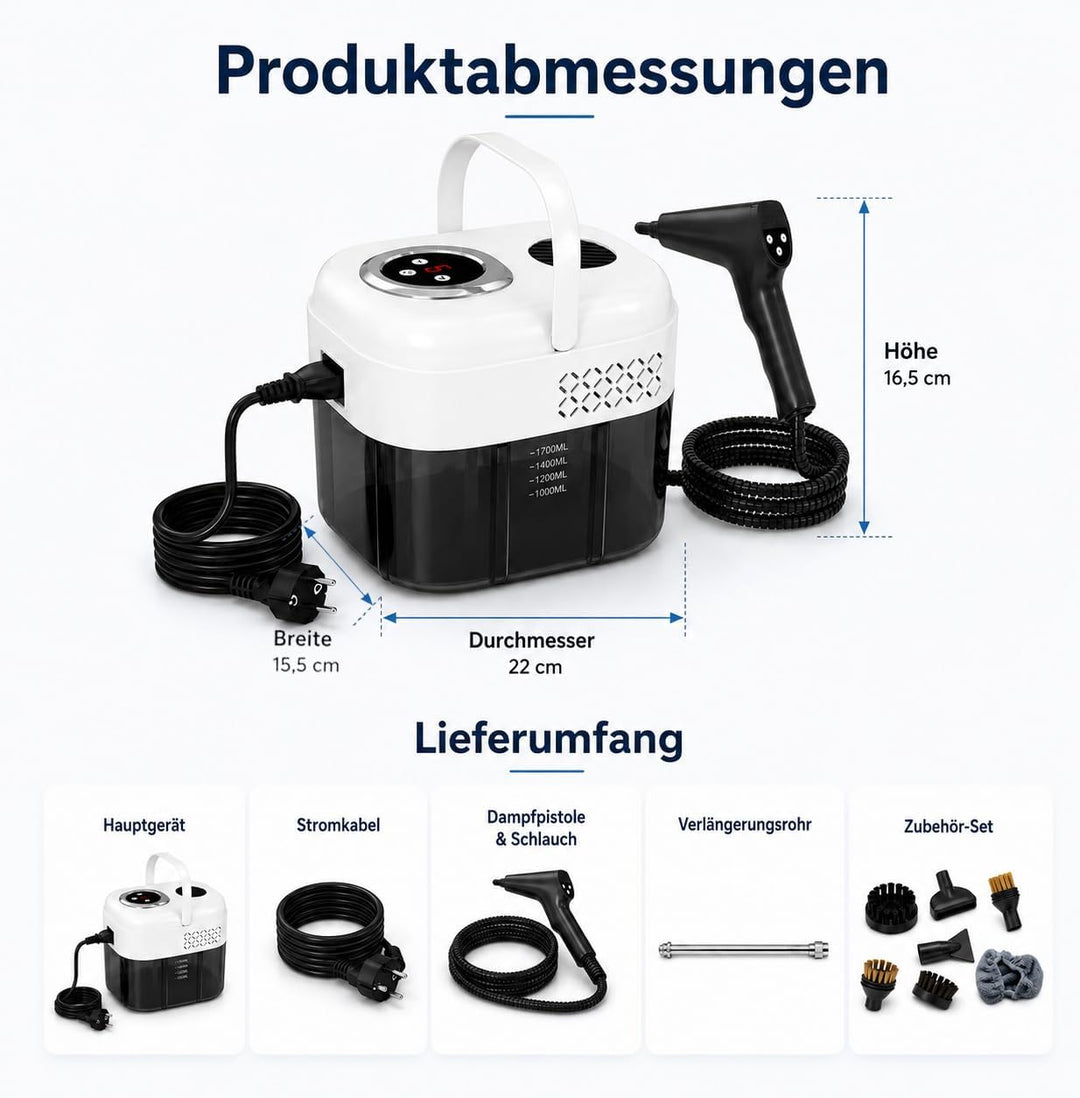 1500W Dampfreiniger Handgerät mit 1,8 L Wassertank, 6-Stufen | Hochdruck Dampfstrahlreiniger mit, Di