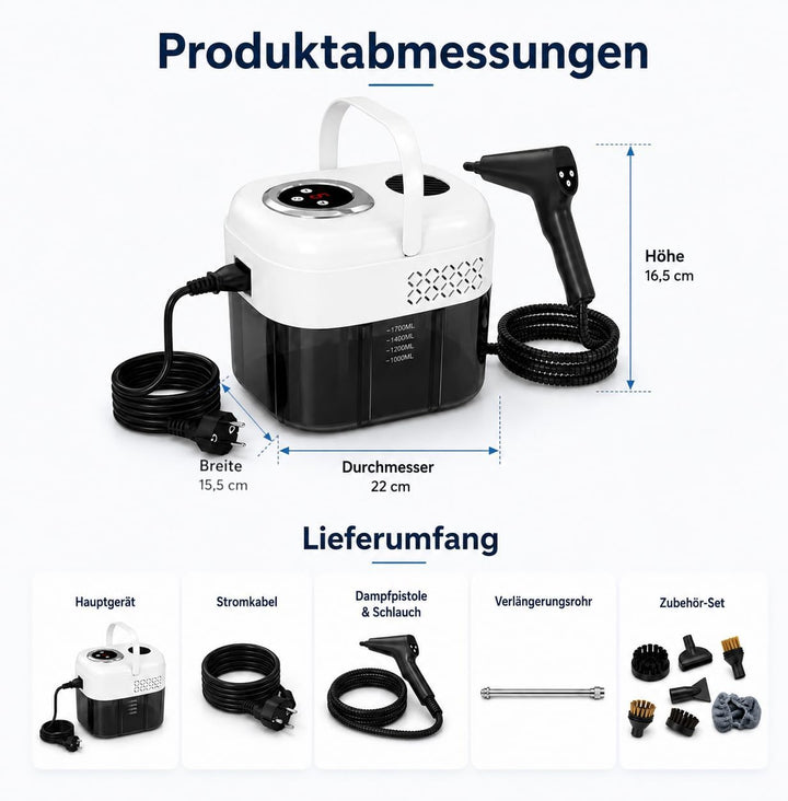 1500W Dampfreiniger Handgerät mit 1,8 L Wassertank, 6-Stufen | Hochdruck Dampfstrahlreiniger mit, Di