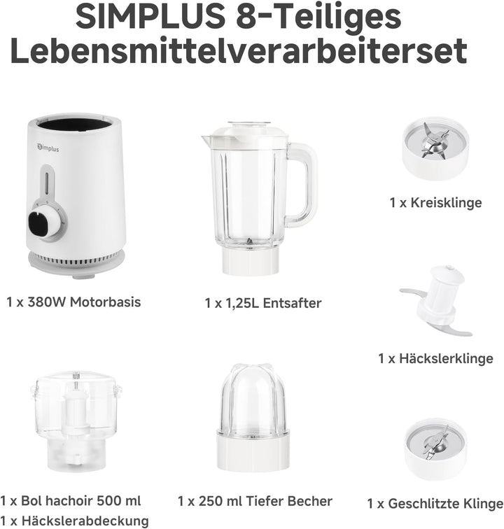 SIMPLUS 3-in-1 Standmixer & Smoothie Maker mit 1,25L Mixbecher, 500ml Fleischwolf & 300ml Mahlbecher