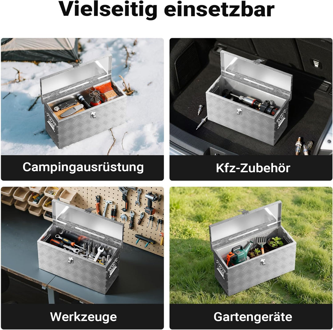 XPOtool Alu Kiste mit Deckelüberstand 60x25x30cm Truckbox aus Aluminium Werkzeugbox mit 2 Schlüsseln