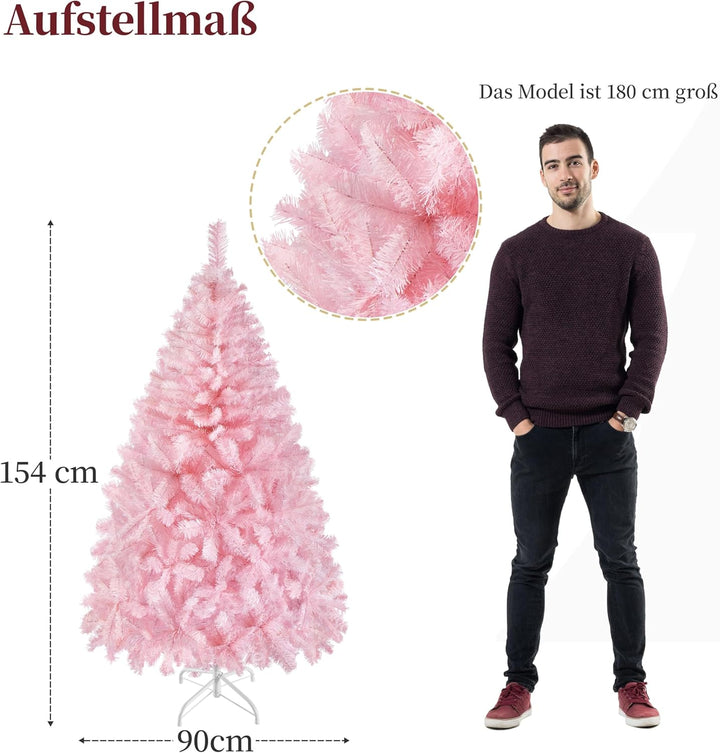 Yaheetech 154cm Künstlicher Weihnachtsbaum Rosa, Tannenbaum mit 398 Spitzen & Faltbarem Metallstände