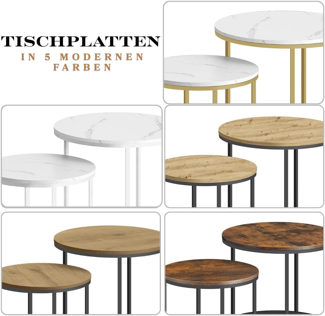 FORTENA 2er Set Couchtische, Schwarze oder goldene Metallbeine, Industrial-Stil, Raund (Marmor – Wei