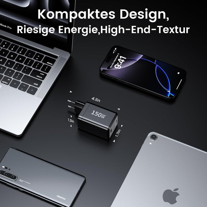 150W USB C Ladegerät, 2-Port Schnellladegerät PD Fast Charger, USB C Stecker kompatibel mit MacBook