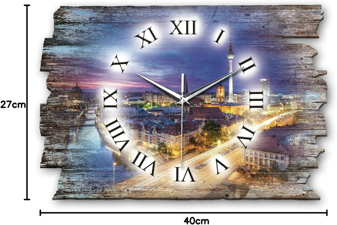 Kreative Feder Berlin bei Nacht Landhaus Shabby Designer Wanduhr Uhr aus Holz *Made in Germany leise