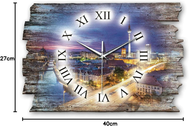 Kreative Feder Berlin bei Nacht Landhaus Shabby Designer Wanduhr Uhr aus Holz *Made in Germany leise