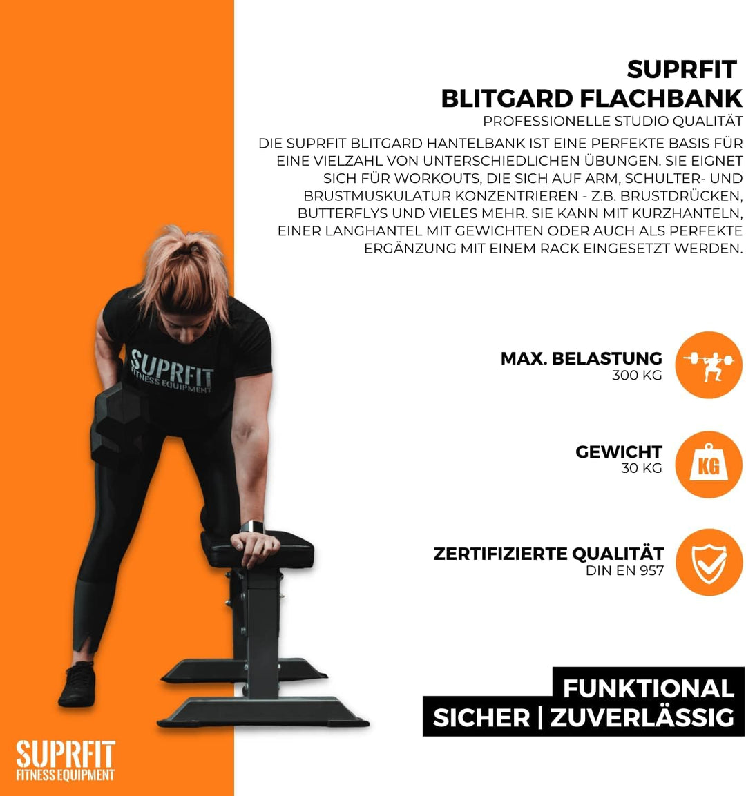Suprfit Flache Hantelbank in Studioqualität - Solide Trainingsbank für Dein Homegym - rutschfeste un
