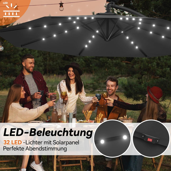 ACXIN Alu Sonnenschirme Ø350cm mit Solar LED Beleuchtung Ampelschirm mit Kurbelvorrichtung Höhenvers